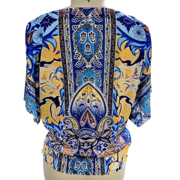 80s Energe world wear 100% Polyester Top Blue/Yellow Wide Waistband Sz L - Picture 3 of 4